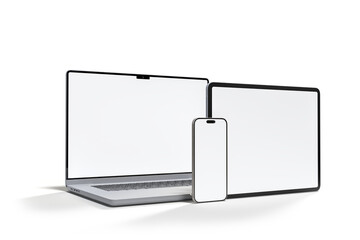 Canvas Print - 3d realistic laptop, tablet and smartphone digital device mockup with blank screen isolated on backg