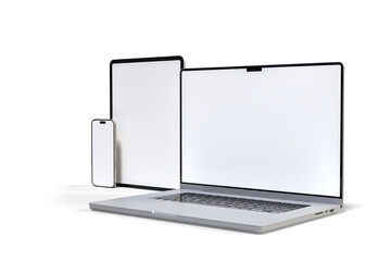 Canvas Print - 3d realistic laptop, tablet and smartphone digital device mockup with blank screen isolated on backg