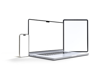 3d realistic laptop, tablet and smartphone digital device mockup with blank screen isolated on backg