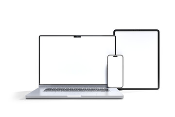Canvas Print - 3d realistic laptop, tablet and smartphone digital device mockup with blank screen isolated on backg