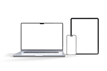 Canvas Print - 3d realistic laptop, tablet and smartphone digital device mockup with blank screen isolated on backg