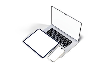 Canvas Print - 3d realistic laptop, tablet and smartphone digital device mockup with blank screen isolated on backg