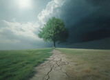 A solitary tree stands resilient against the forces of nature, symbolizing hope amidst climate change and the delicate balance between flourishing life and impending adversity