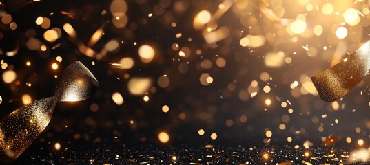 Wall Mural - defocused golden glitter confetti particle on dark background. generative ai technology.