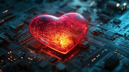 Leinwandbilder - Detailed futuristic heartshaped CPU with complex circuits and components, portraying love as the core processing power in the digital age of technology