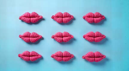 knitted pink lips arranged in perfect symmetry on a blue background