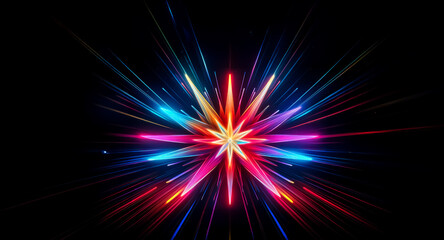 vibrant light bursts from a central point, radiating outwards with streaks of blue, red, yellow and 