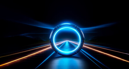Wall Mural - a glowing blue ring dominates a dark space, with streaks of orange and blue lights emanating outward