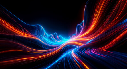 Wall Mural - an abstract image featuring flowing lines of bright orange and blue light against a dark background,