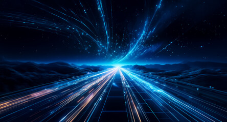 Wall Mural - abstract landscape with blue and orange light streaks converging at a bright horizon under a dark sk