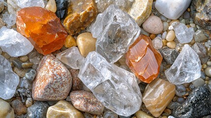 close-up of various natural stones and minerals displaying unique textures and colors on the surface