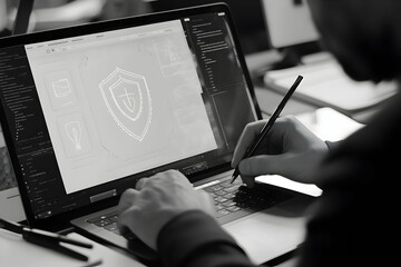 Creative Designer Working on Shield Logo Design on Laptop, Brainstorming Concepts for Brand Identity and Visual Communication for Enhanced Security and Trust