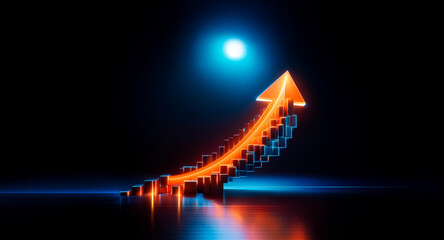 Wall Mural - an orange arrow formed by cubes dramatically ascends on a dark, glossy plane under a bright, round l