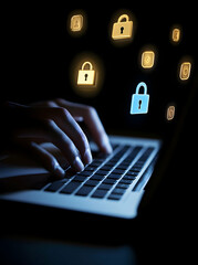 Wall Mural - cybersecurity measures, person typing on a laptop with digital lock icons floating above, indicating