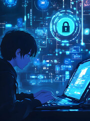 Wall Mural - cybersecurity specialist working on laptop to protect data with futuristic interface and lock icon, 