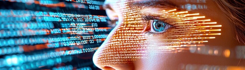 Woman eye digital pattern futuristic technology code screen abstract face mask gold eye woman close up detail mysterious