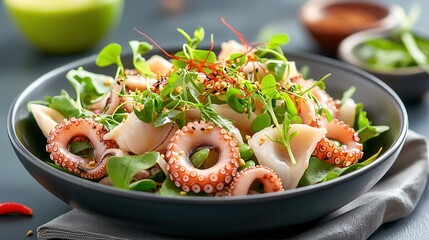 Wall Mural - Octopus food: Asian cuisine salad. Fresh octopus salad garnished with herbs and greens in a dark bowl.