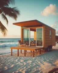 a stylish, modern tiny home sitting on a sandy beach, elevated on wooden stilts for a perfect ocean 
