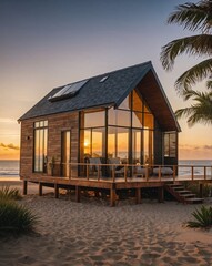 a stylish, modern tiny home sitting on a sandy beach, elevated on wooden stilts for a perfect ocean 