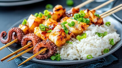 Wall Mural - Octopus food: Asian cuisine salad. Grilled seafood skewers served with rice and green onions.