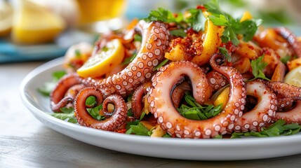 Wall Mural - Octopus food: Asian cuisine salad. Colorful octopus dish garnished with herbs and lemon slices.