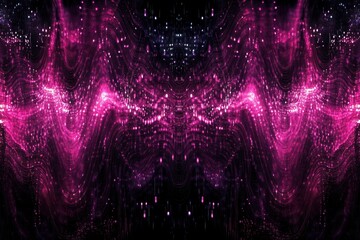 Wall Mural - Digital background featuring pink and purple wavy sound waves with glowing dots, dark background, perfect for creating a visually appealing music video backdrop