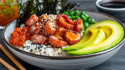 Wall Mural - Octopus food: Asian cuisine salad. Colorful seafood bowl with rice, avocado, and sesame garnish.