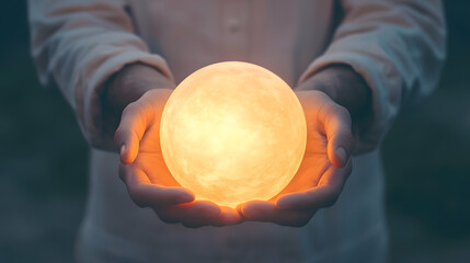 enigmatic figure holding a glowing orb with soft light against a dim background