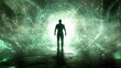 © Erni - Man facing glowing portal, green energy, dark background, fantasy artwork