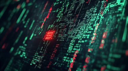 Cybersecurity Threat: Digital Code Matrix with Red Alert