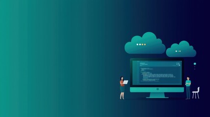 Digital transformation drives cloud disruption. Digital workspace with coding on a computer and cloud elements.