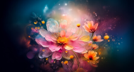 Sticker - dreamy, abstract flowers in vibrant hues of pink, orange, and blue create an ethereal floral scene. 