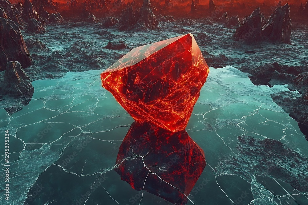 Fiery Crystal on Frozen Alien Lake: A surreal digital painting of an ...