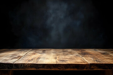 Wall Mural - Rustic Wooden Table Against a Dark, Textured Backdrop - Ideal for Product Mockups and Vintage-Inspired Designs, Featuring Natural Wood Grain and a Moody Ambiance