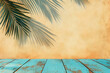 © Gustav - Tropical beach scene with palm leaf shadow on textured wall and turquoise wooden floor creating a serene summer atmosphere and vacation vibe