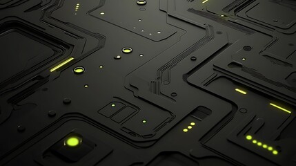 A black circuit board with glowing green lights and patterns