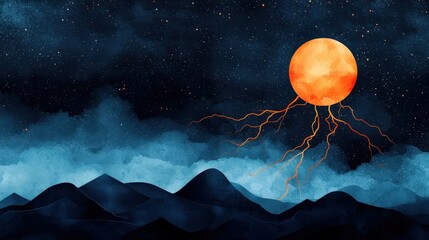 Poster - A painting of a mountain range with a large orange moon and a lightning bolt