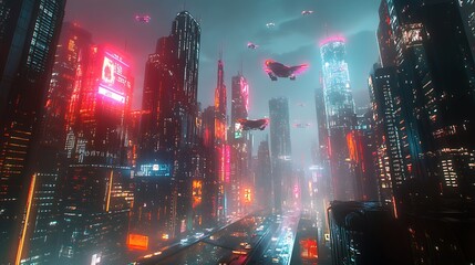 Wall Mural - Neon Cyberpunk Cityscape: Futuristic Aerial View of Flying Vehicles above a Glowing Metropolis