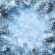© malayeka - Snowy pine branches, cones on light blue background, holiday decor