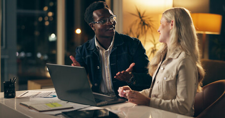 Poster - Laptop, teamwork and business people together at night for brainstorming, planning or web design. Advice, partnership and consulting for development, digital project or problem solving in dark office
