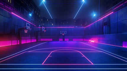 Wall Mural - Neon Nights Basketball Court: Urban Glow