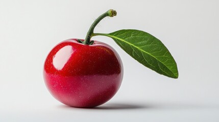 Wall Mural - Single red cherry with leaf on white background