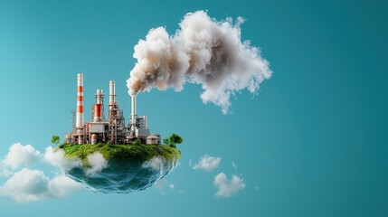 pollution air solutions for a cleaner world. industrial island with smoke emitting from chimneys in 