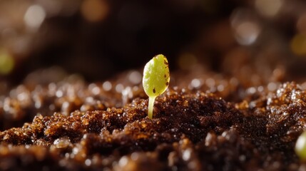 Poster - Tiny sprout emerging from dark soil outdoors