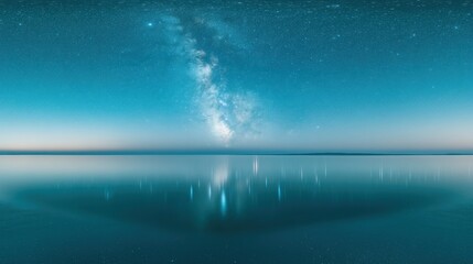 Milky way reflects across calm water under a blue sky