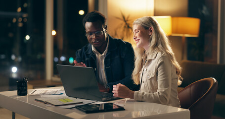 Poster - Laptop, discussion and business people together at night for brainstorming, planning or web design. Advice, partnership and consulting for project development, support or strategy in dark office.