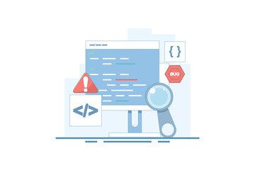 Bug report concept. Magnifying glass for bugs dancing in computer software program. Bug report magnifying bug Bug Tracker Tool Computer Virus Protection on Website. Flat illustration.