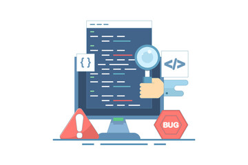 Bug report concept. Magnifying glass for bugs dancing in computer software program. Bug report magnifying bug Bug Tracker Tool Computer Virus Protection on Website. Flat illustration.