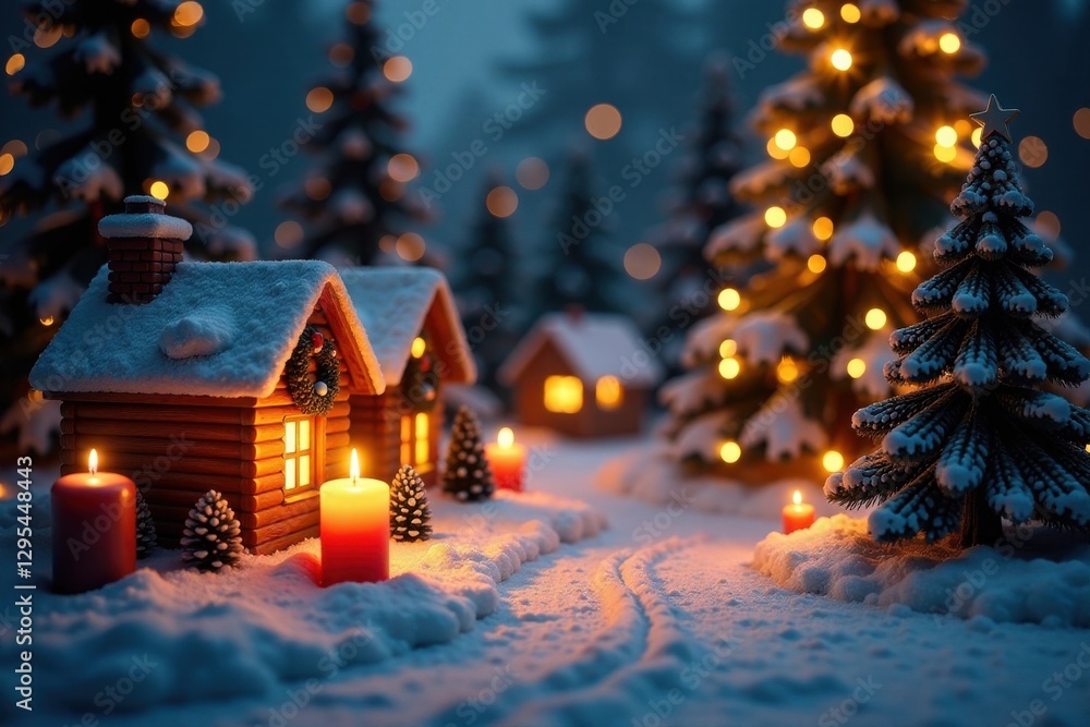 Christmas village scene with candles and lights, flickering flames ...