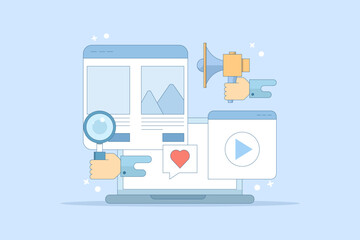 Website Marketing Concept, Digital marketing strategy, Promoting website in search engines and social media, SEO, Social media marketing, flat vector illustration on background.